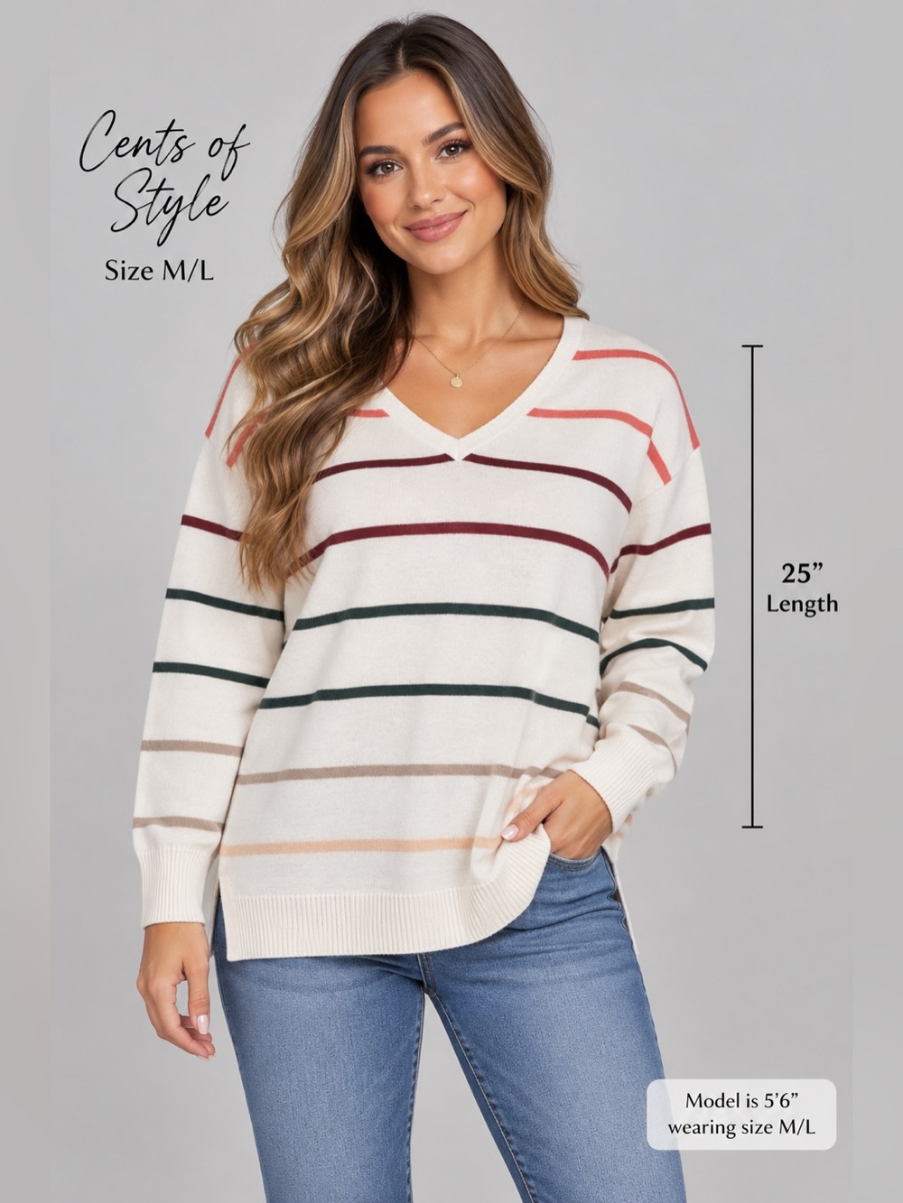 Cents of Style Women's Striped V-Neck Knit Sweater - Size M/L